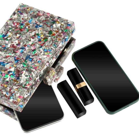 Abstract Silver Confetti Hard Case Clutch Bag Box Purse Crossbody Chain Multi - Picture 2 of 11